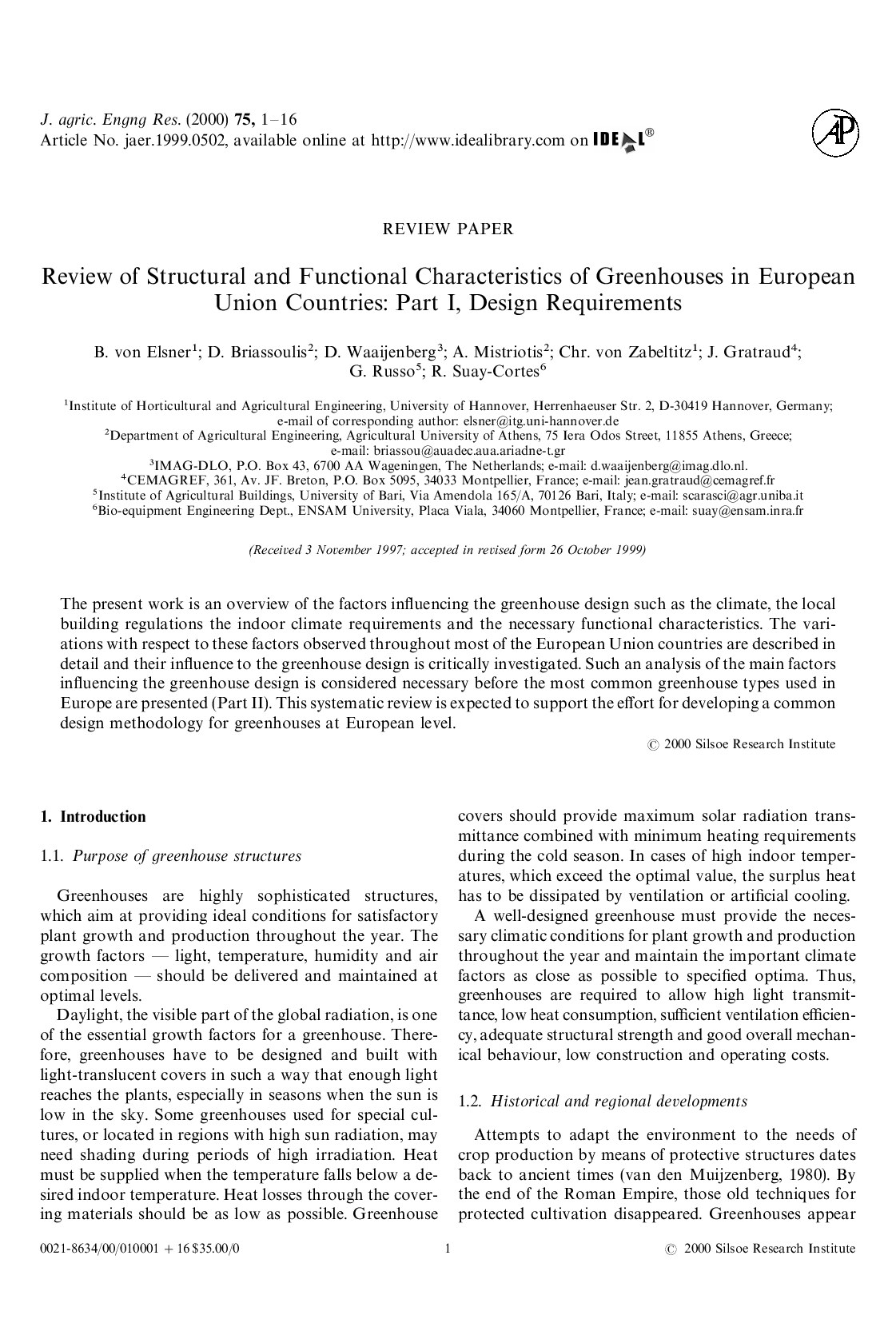 Review of Structural and Functional Characteristics of Greenhouses in European
