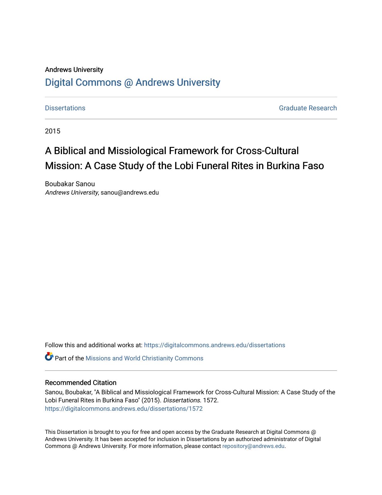 A Biblical and Missiological Framework for Cross-Cultural Mission: A Case Study of the Lobi Funeral Rites in Burkina Faso