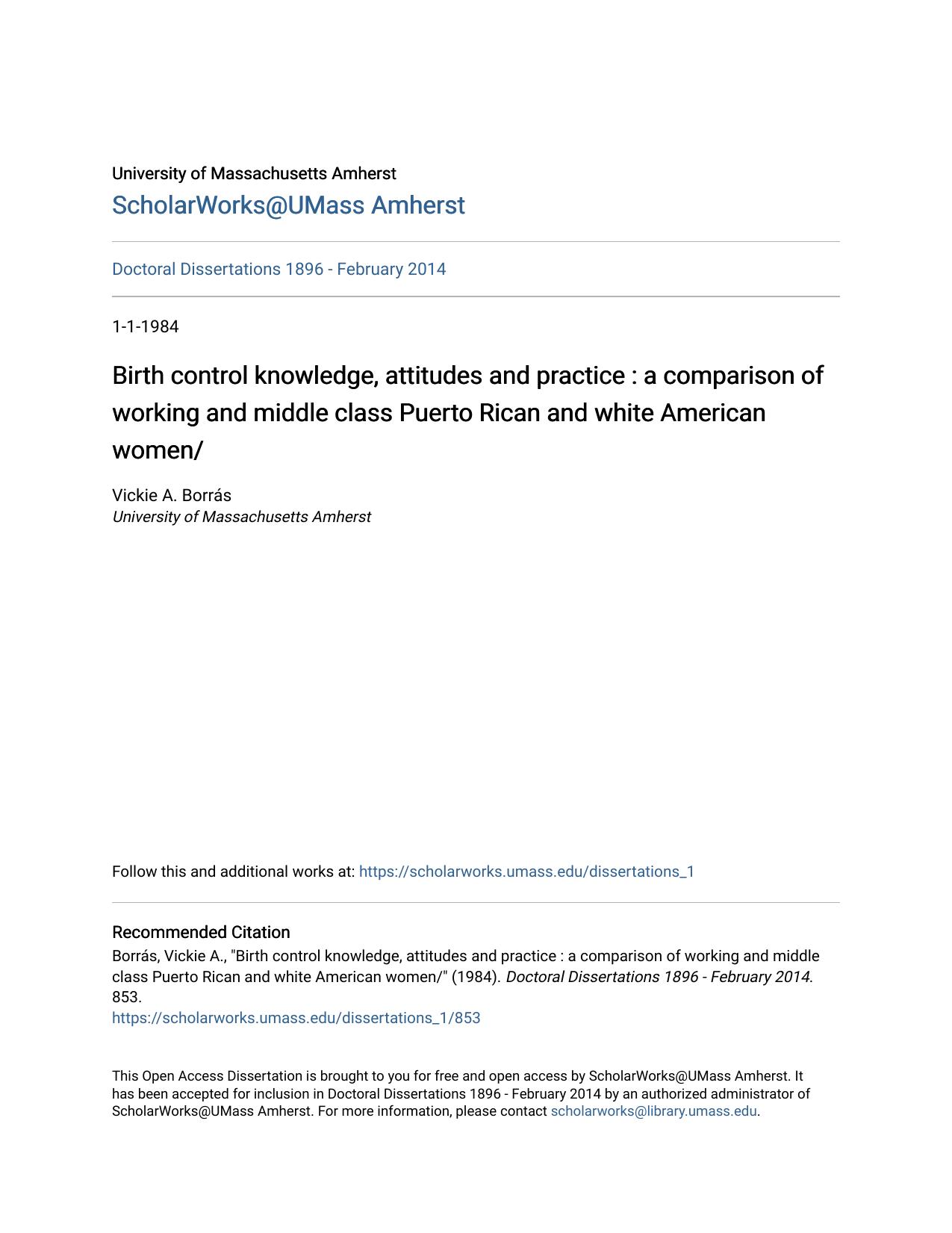 Birth control knowledge, attitudes and practice : a comparison of working and middle class Puerto Rican and white American women/