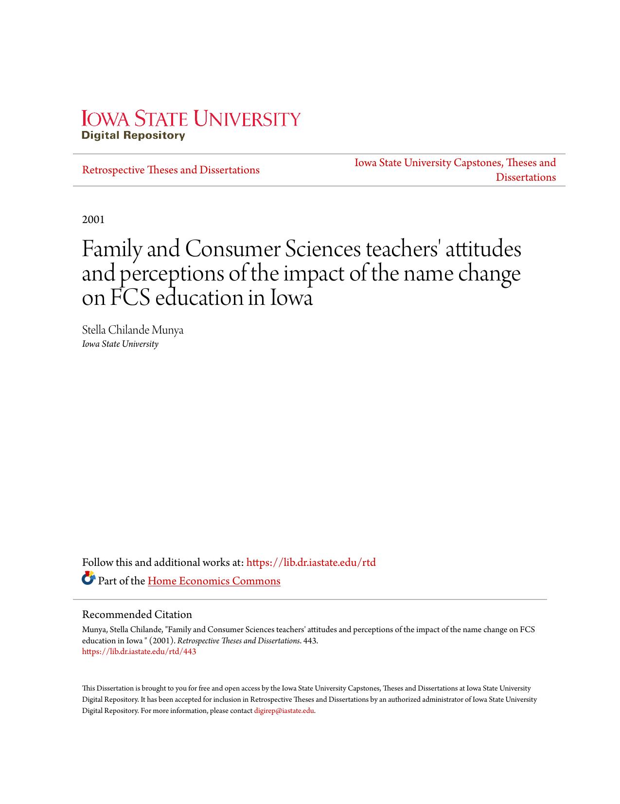 Family and Consumer Sciences teachers' attitudes and perceptions of the impact of the name change on FCS education in Iowa
