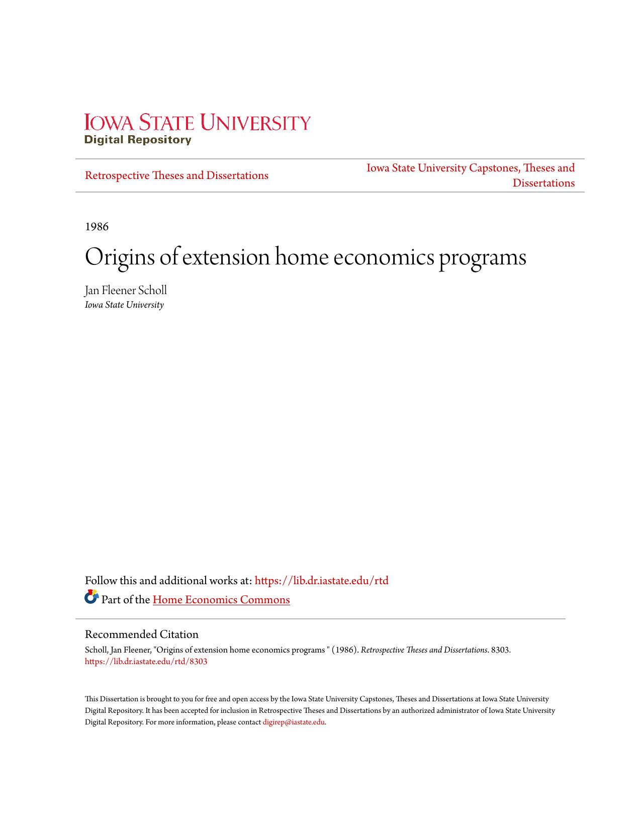 Origins of extension home economics programs