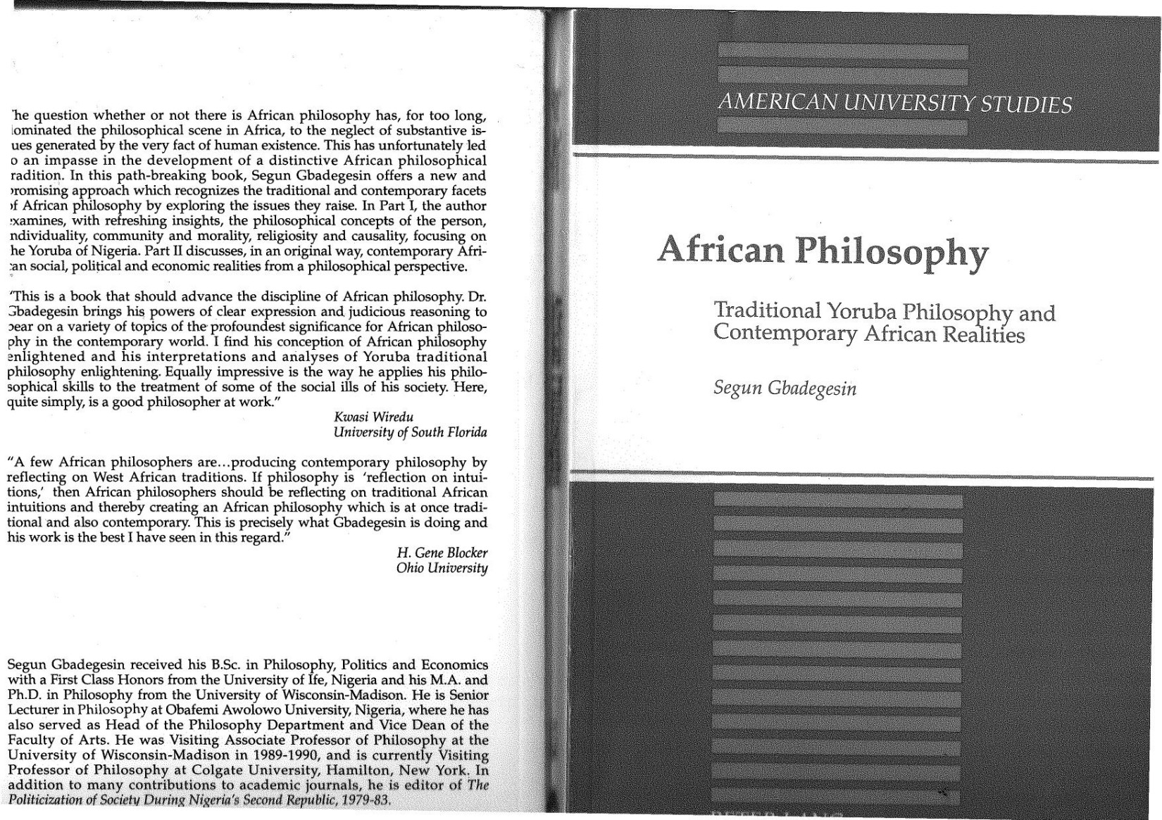 African Philosophy. Traditional Yoruba Philosophy and Contemporary African Realities 1991