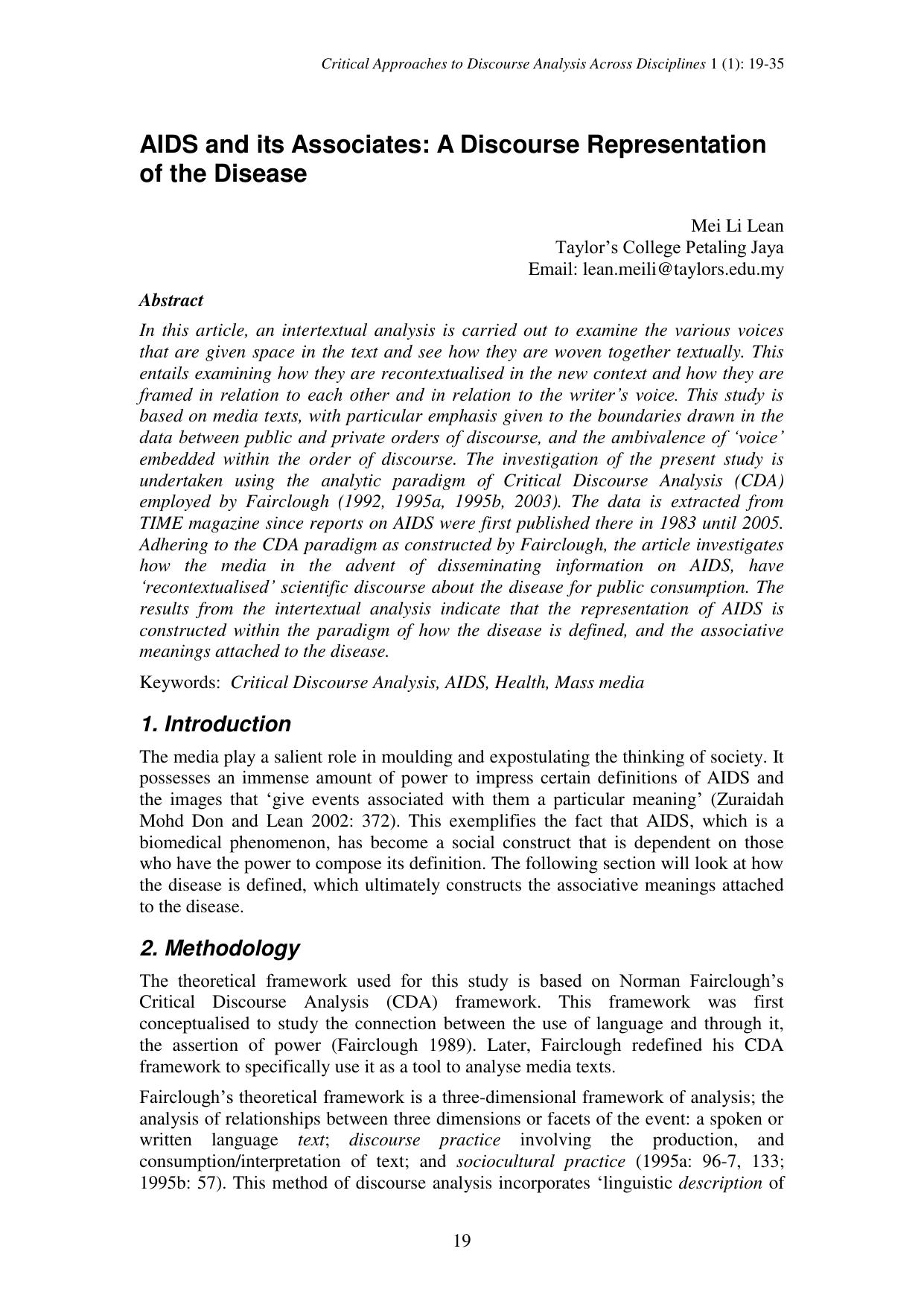 “AIDS and its associates”: a discourse representation of the disease