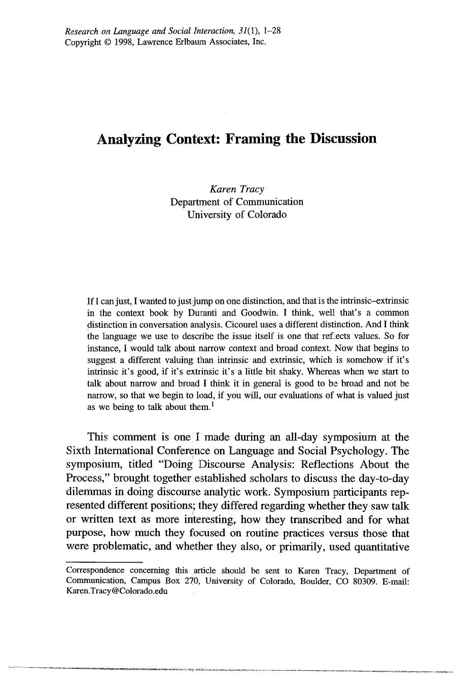 Analyzing Context: Framing the Discussion.