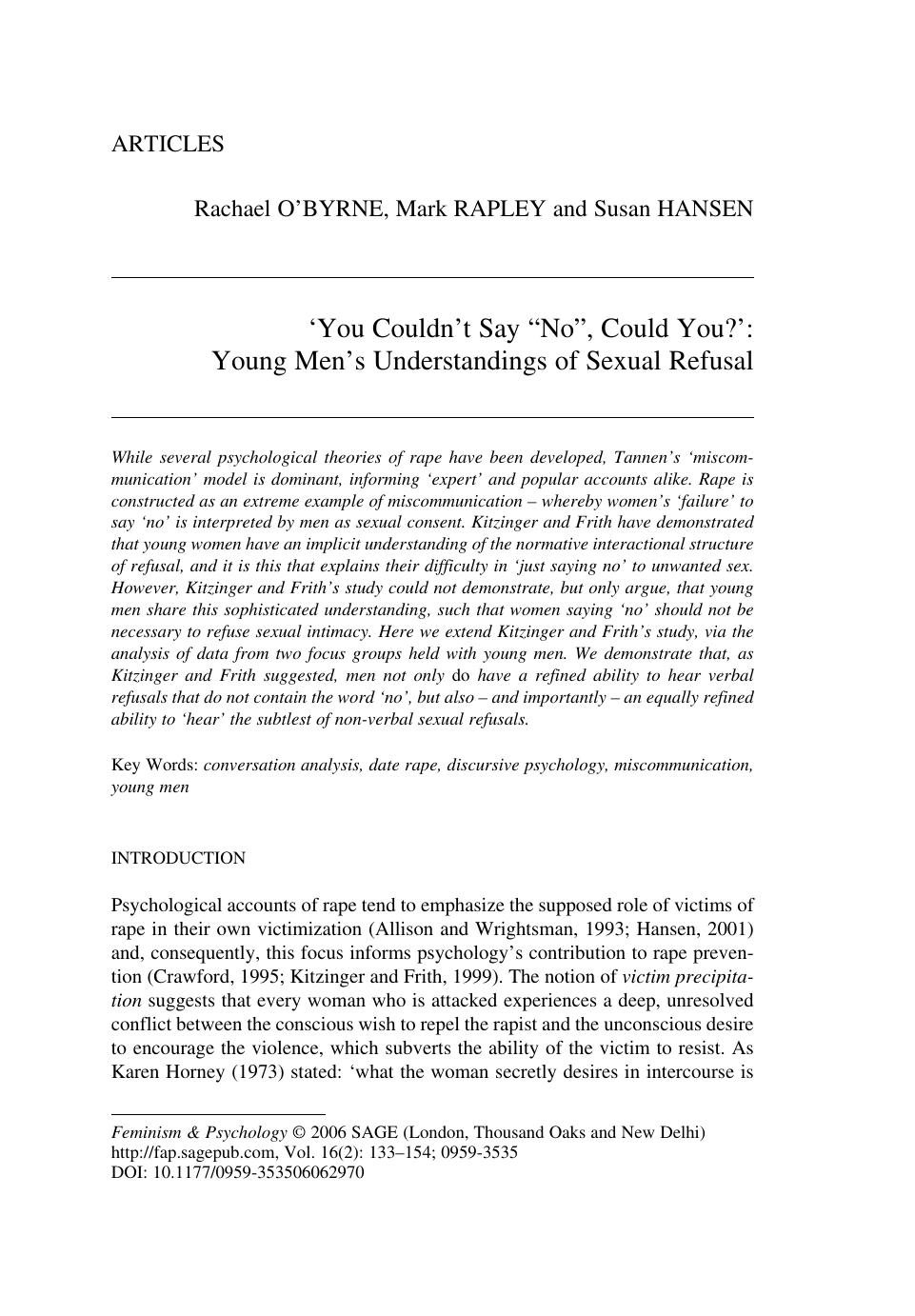young men's undetstandings of sexual refusal 2006