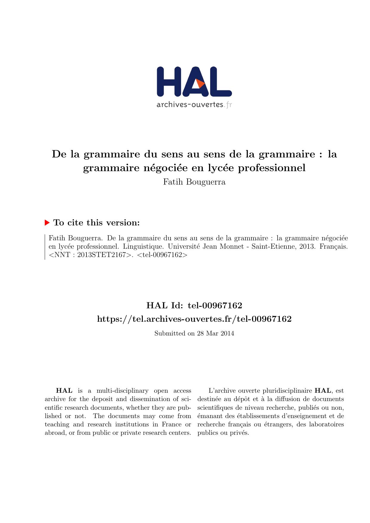 De la grammaire du sens au sens de la grammaire : la grammaire négociée en lycée professionnel