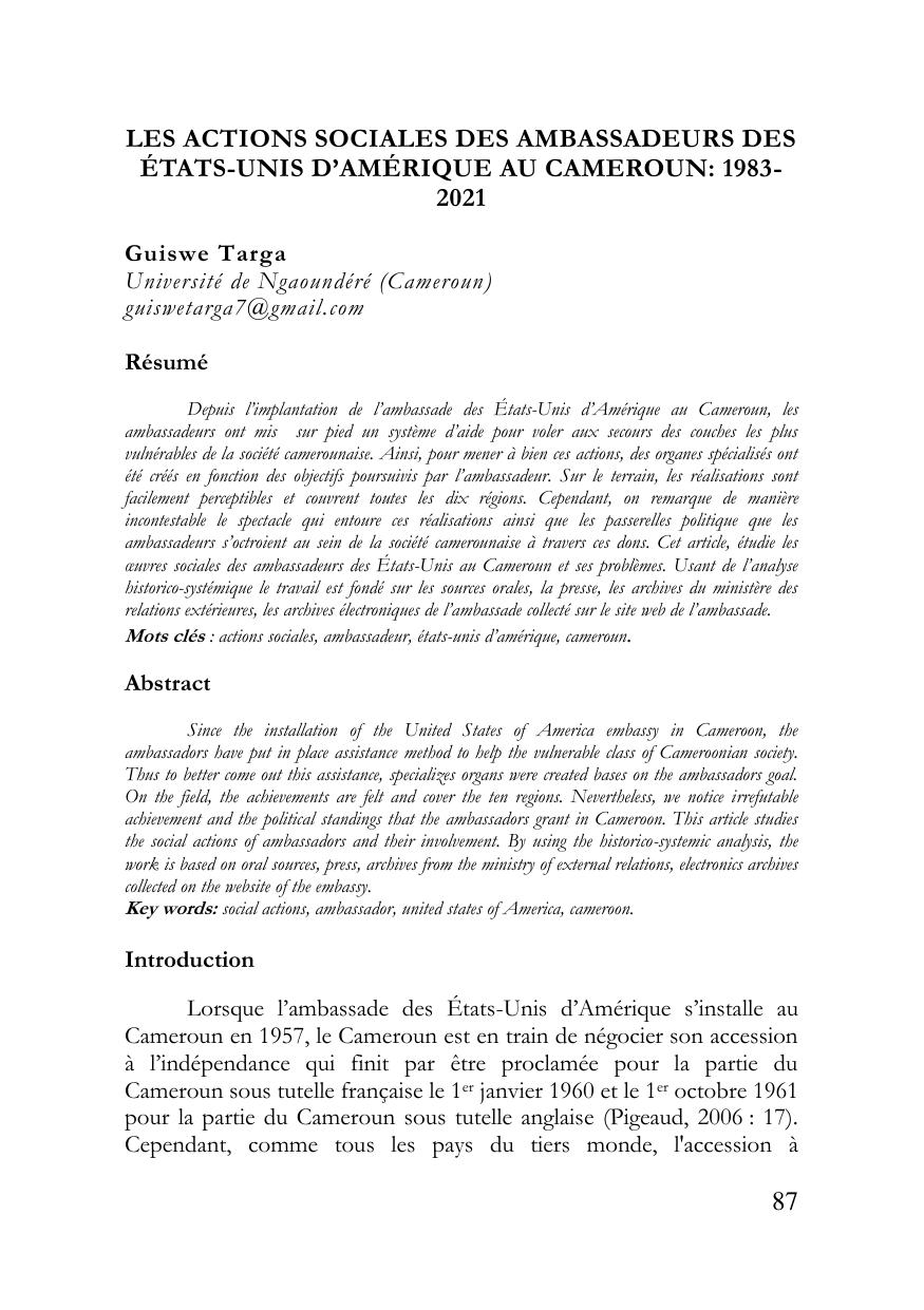 LES ACTIONS SOCIALES DES AMBASSADEURS DES ÉTATS-UNIS D’AMÉRIQUE AU CAMEROUN