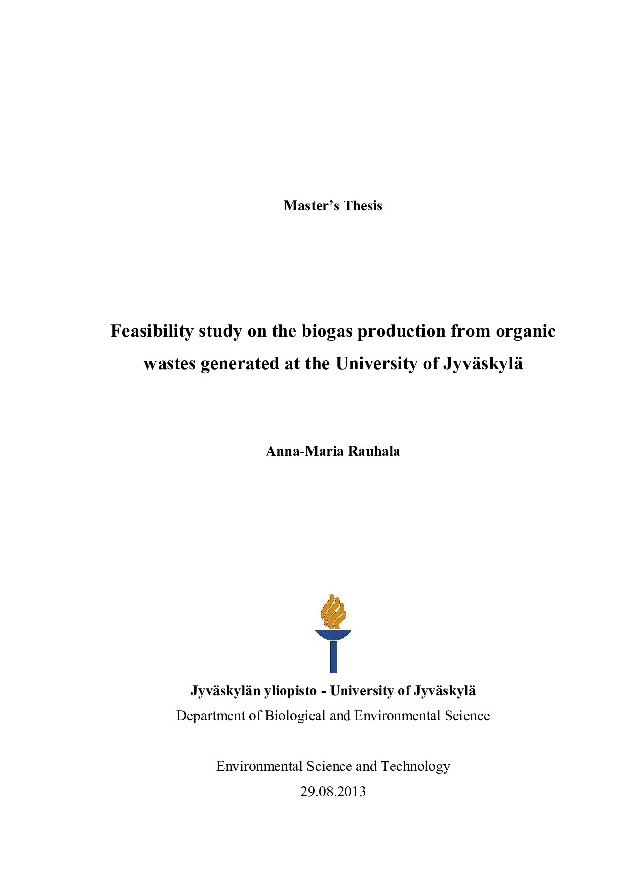 Feasibility study on biogas production from organic wastes generated at University of Jyväskylä