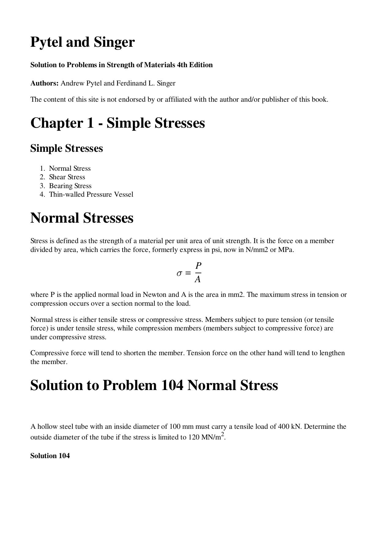 Strength of Material Fourth Edition By Andrew Pytel, Ferdinand L.Singer Chapter1-5