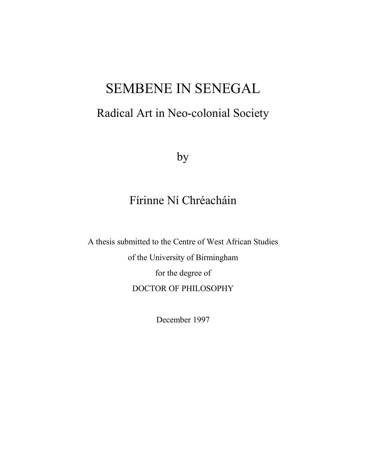 Sembene in Senegal: radical art in neo-colonial society