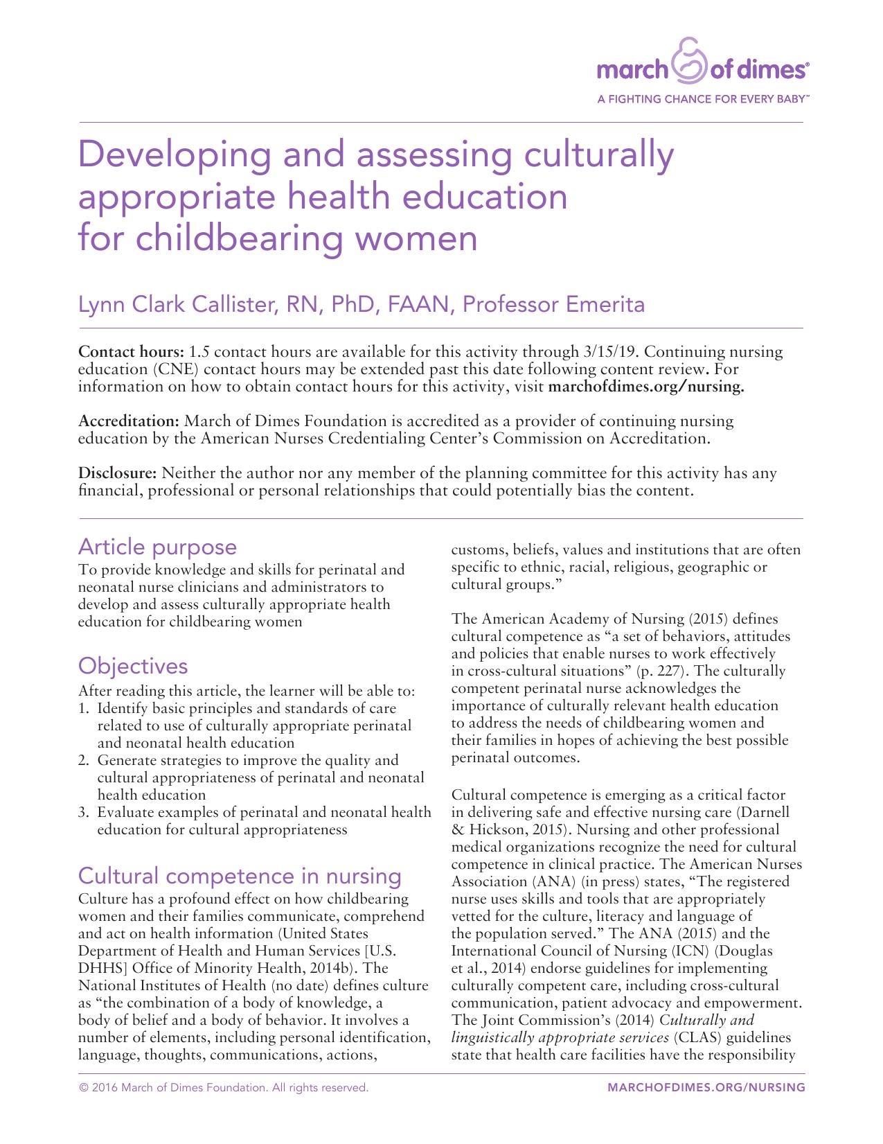 Developing and assessing culturally appropraite health education for childbearing women