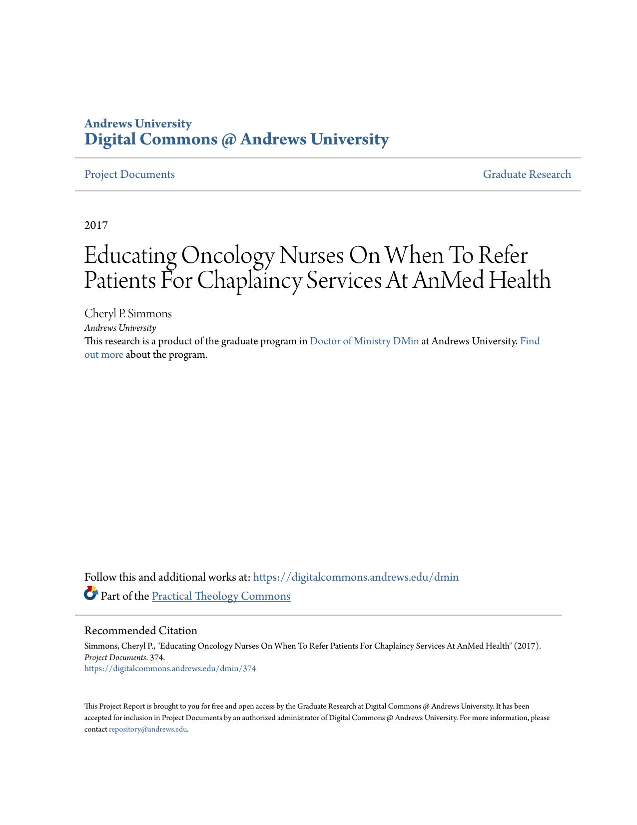 Educating Oncology Nurses On When To Refer Patients For Chaplaincy Services At AnMed Health