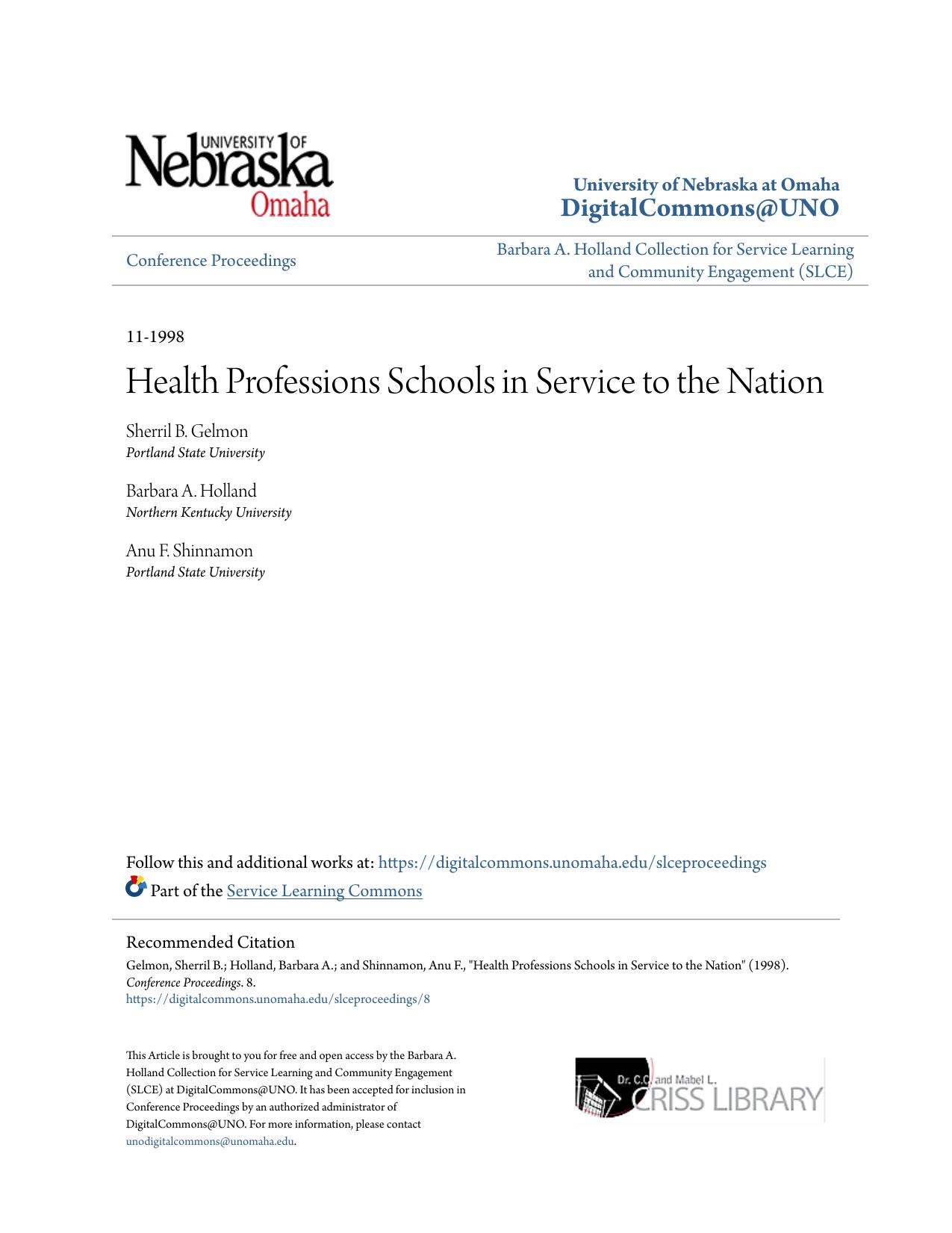 Health Professions Schools in Service to the Nation