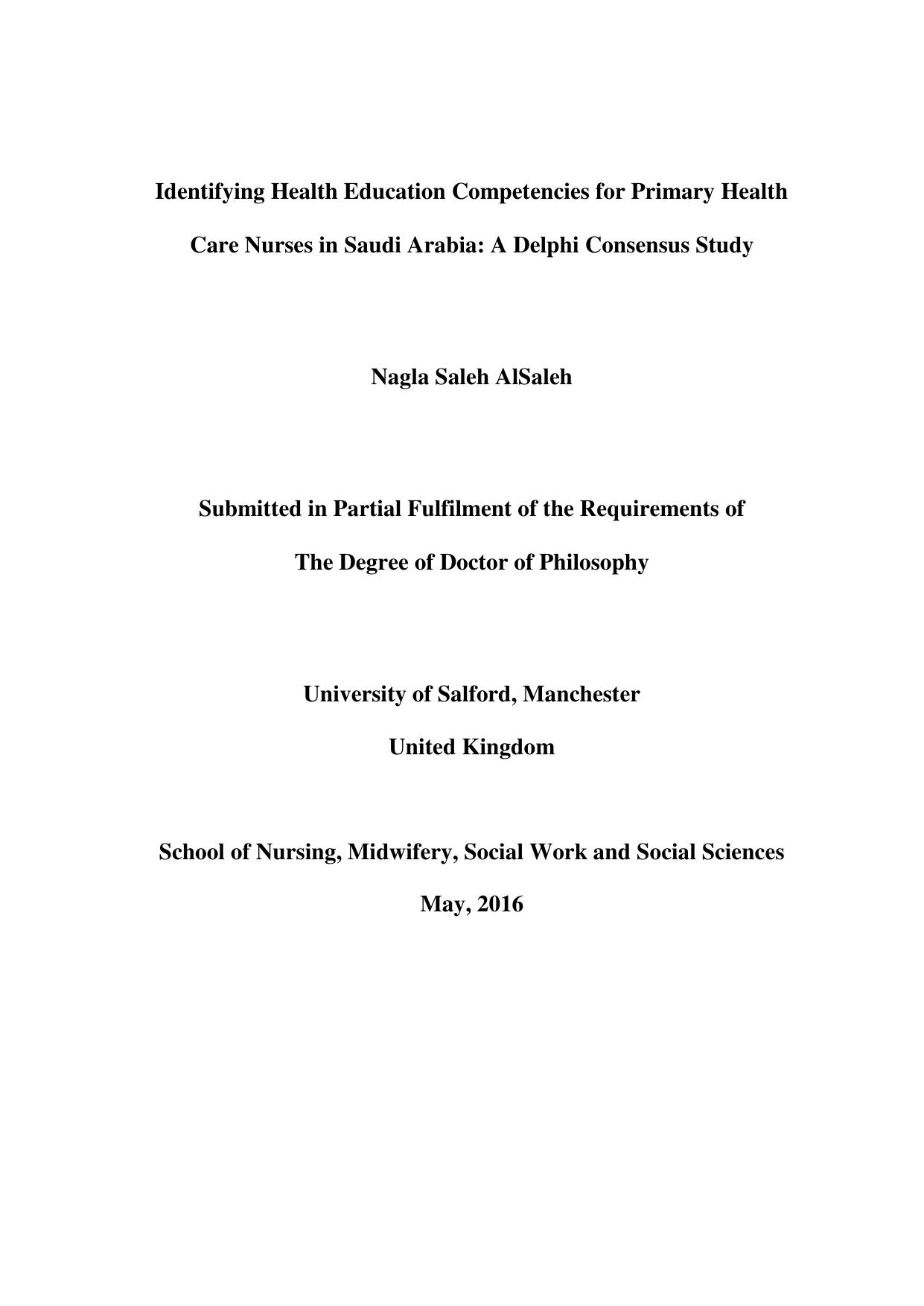Identifying Health Education Competencies for Primary Health Care Nurses in Saudi Arabia 2016