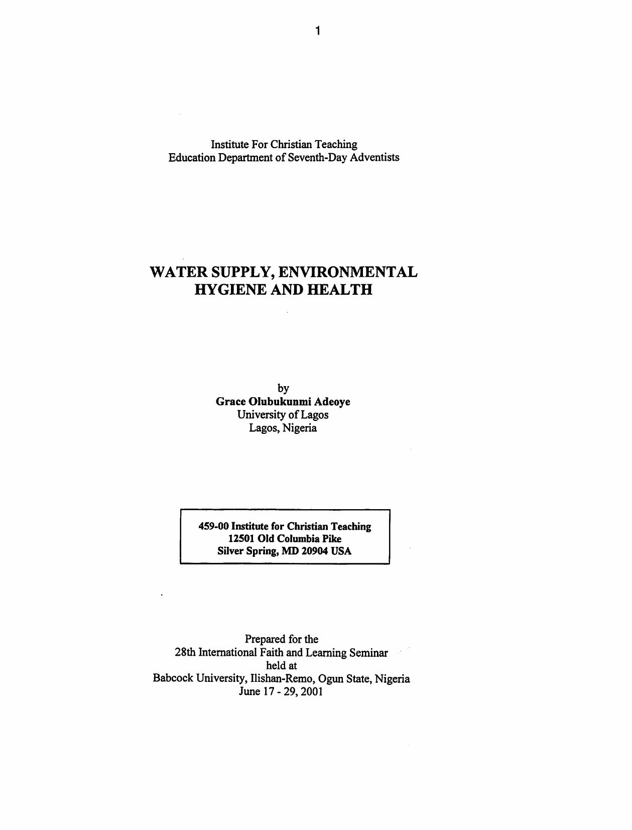 Water supply, Environmental Hygiene and Health 2001