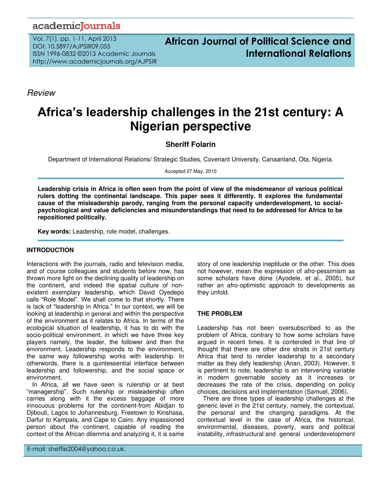 LEADERSHIP CHALLENGES FOR AFRICA IN THE 21ST CENTURY: A NIGERIAN PERSPECTIVE*