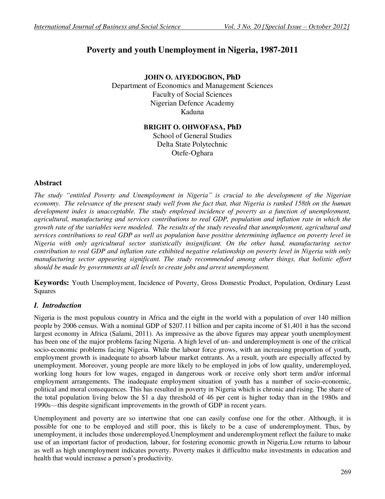 Poverty and Youth Unemployment in Nigeria 1987-2011