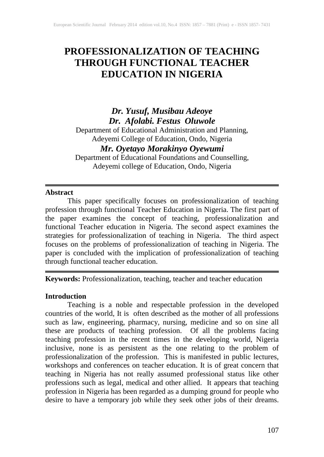 PROFESSIONALIZATION OF TEACHER IN NIGERIA EDUCATION  2014
